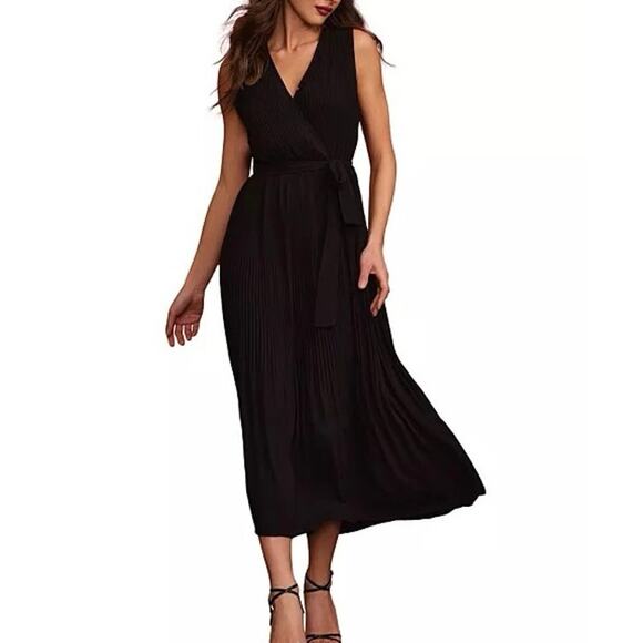 T Tahari Faux Wrap Sleeveless Pleated Fit & Flare Maxi Dress - Picture 1 of 10